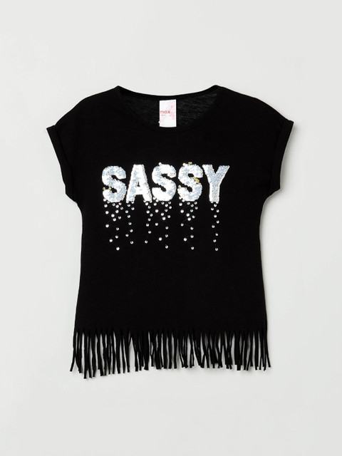 

max Girls Black & Silver-Coloured Sequin Embellished Round Neck Fringed T-shirt