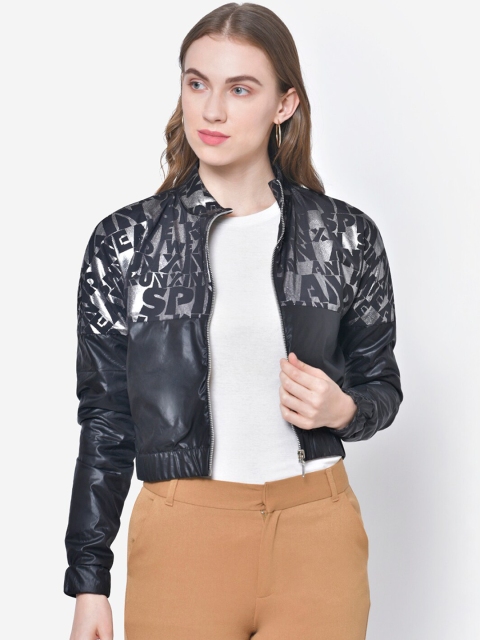 

Martini Women Black Foil Printed Lightweight Crop Biker Jacket