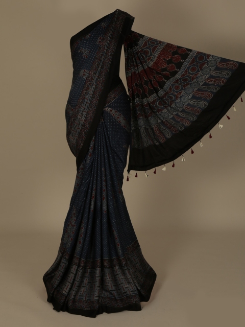 

Pothys Navy Blue & Maroon Pure Crepe Printed Saree