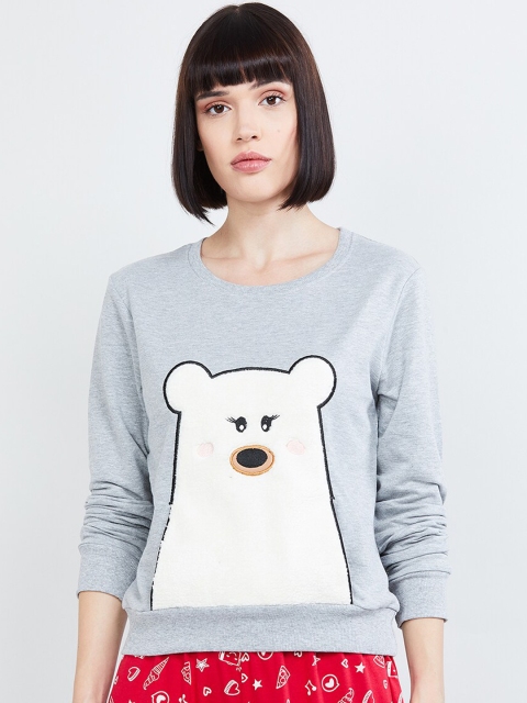 max Women Grey Melange Printed Sweatshirt
