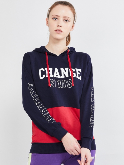 

max Women Navy Blue & Red Printed Hooded Sweatshirt
