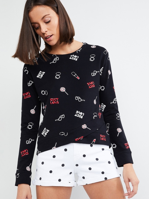 

max Women Black & White Printed Sweatshirt