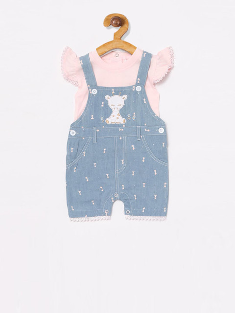 

Baby Go Girls Blue & Pink Embroidered Dungarees With T-Shirt