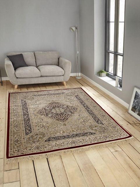 

OBSESSIONS Beige & Maroon Ethnic Motifs Patterned Anti-Skid Carpet