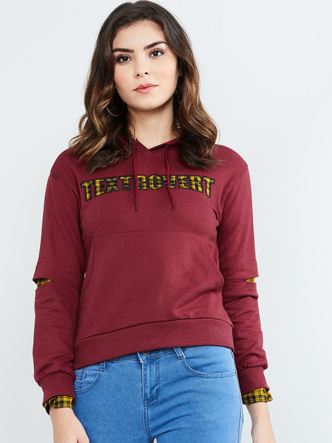 

max Women Maroon & Yellow Printed Hooded Sweatshirt