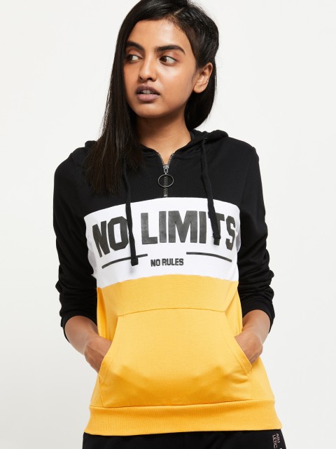 

max Women Yellow & Black Colourblocked Hooded Pullover Sweatshirt