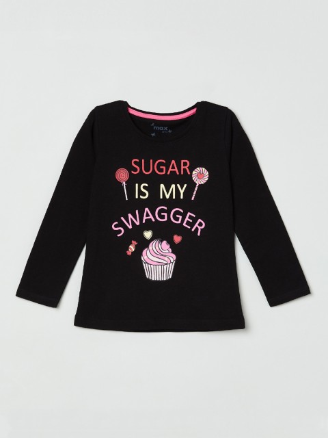 

max Girls Black Pink Printed Round Neck Pure Cotton T-shirt