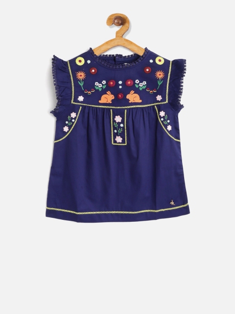 Cherry Crumble Girls Blue & Red Floral Embroidered Top