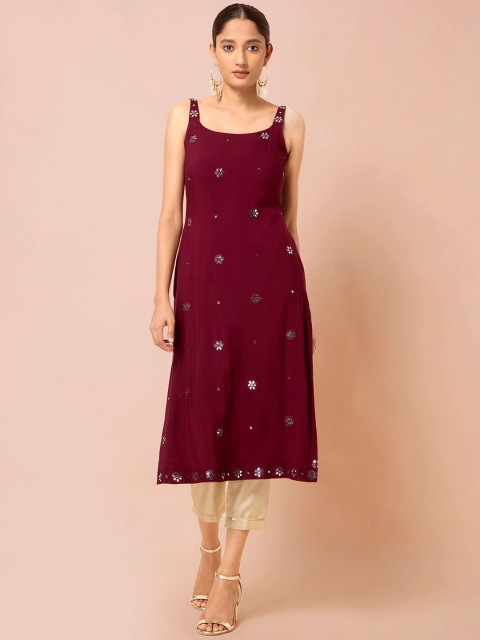 

INDYA Maroon Foil Strappy Straight Tunic