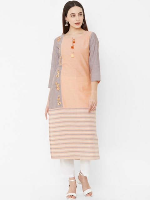 

Os Women Orange & Grey Embroidered Straight Kurta