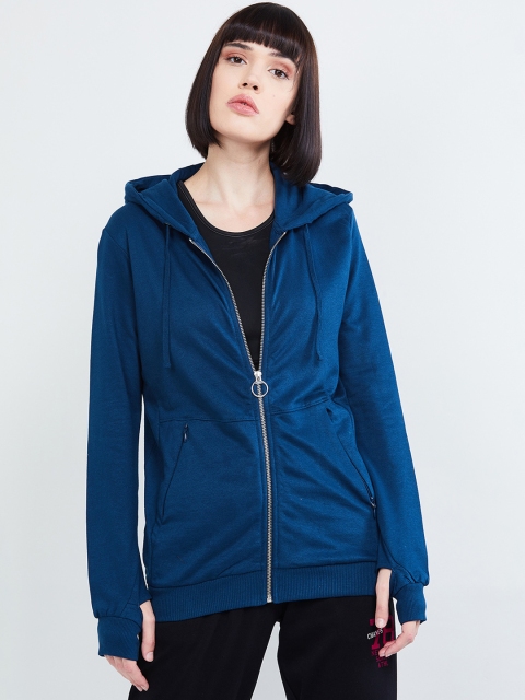 

max Women Navy Blue Solid Hooded Sweatshirt