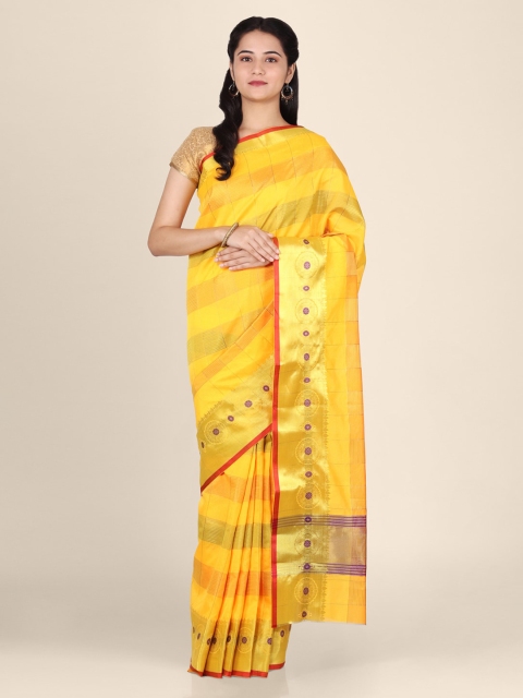 

CLAI WORLD Yellow & Gold-Toned Silk Blend Checked Saree