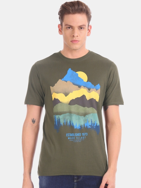 

Cherokee Men Olive Green & Yellow Printed Round Neck T-shirt