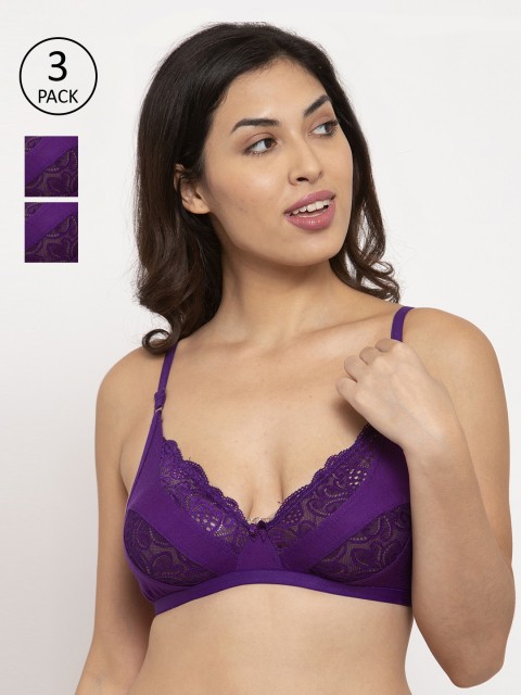 

Innocence Women Pack Of 3 Purple Solid Lace Non-Wired Non-Padded Everyday Bras BBAPLIN90532