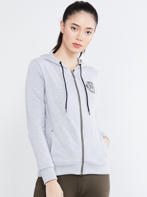 max Women Grey Melange Solid Hooded Sweatshirt