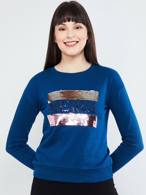 

max Women Blue & Gold-Toned Embellished Sweatshirt