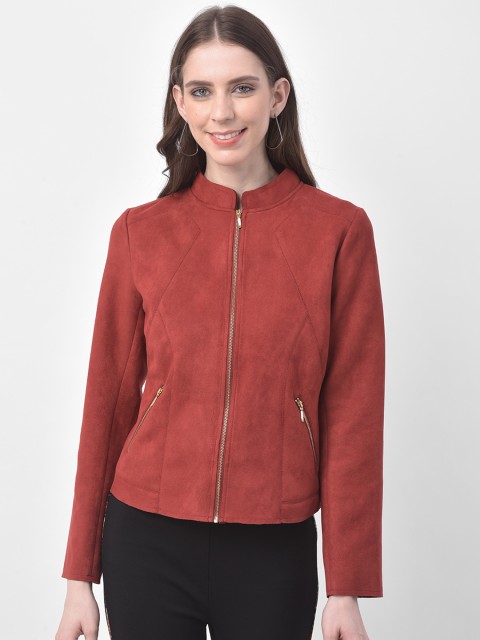 

Latin Quarters Women Rust Red Solid Suede Tailored Jacket