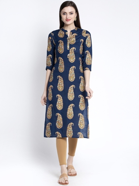

ANAISA Women Navy Blue Printed Straight Kurta