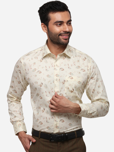 

Greenfibre Men Cream-Coloured & Brown Slim Fit Floral Printed Formal Shirt