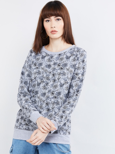 

max Women Grey Melange & Black Printed Sweatshirt