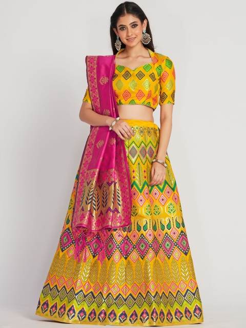

MIMOSA Yellow and Pink Semi-Stitched Lehenga & Unstitched Blouse with Dupatta