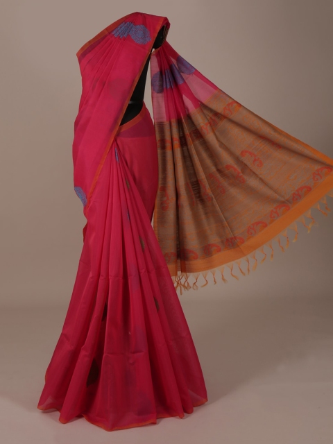 

Pothys Pink & Mustard Yellow Silk Cotton Printed Saree