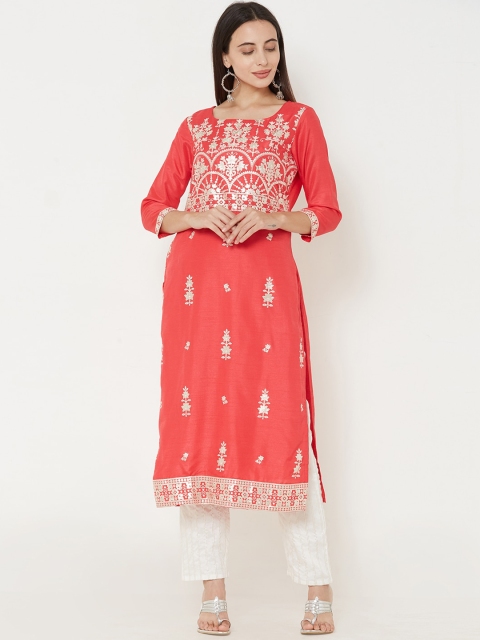 FASHOR Women Pink & Silver-Coloured Foil Printed Straight Kurta