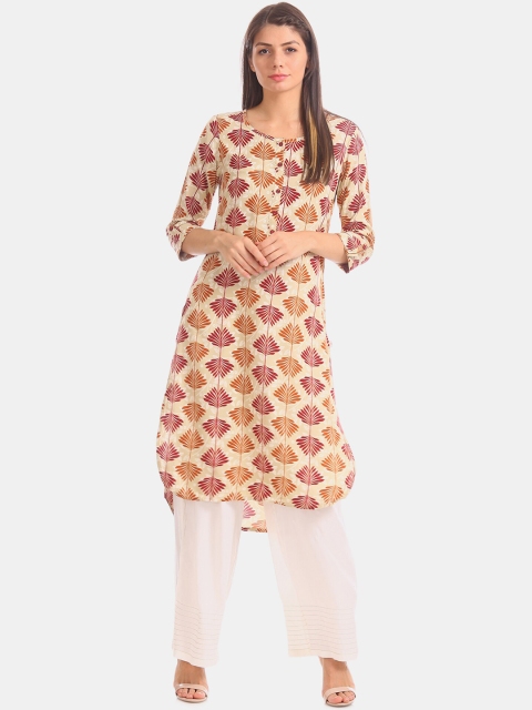 

Karigari Women Beige & Maroon Printed A-Line Kurta