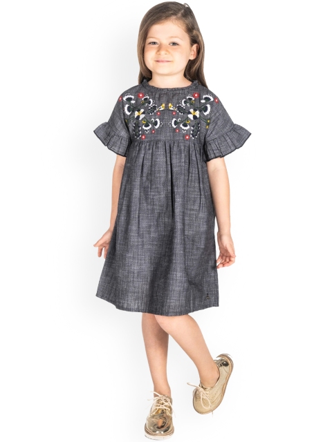 

Cherry Crumble Girls Grey Floral Embroidered Empire Dress