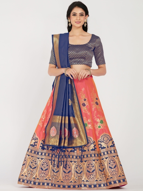 

MIMOSA Women Navy & Pink Zari Woven Design Semi-Stitched Lehenga & Unstitched Choli with Dupatta, Navy blue