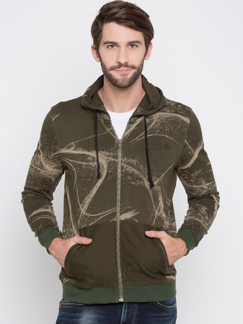 

SPYKAR Men Olive Green & Beige Printed Hooded Sweatshirt