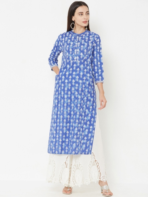 

FASHOR Women Blue Printed Straight Kurta
