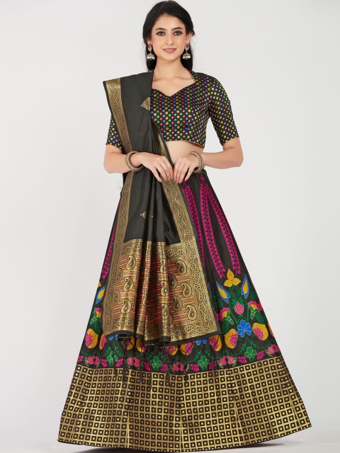 

MIMOSA Women Black & Gold-Toned Zari Woven Design Semi-Stitched Lehenga & Unstitched Choli with Dupatta