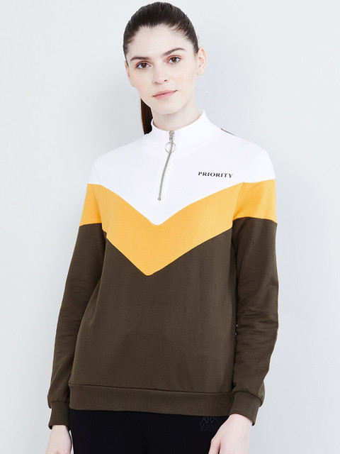 

max Women Olive Green & White Colourblocked Sweatshirt