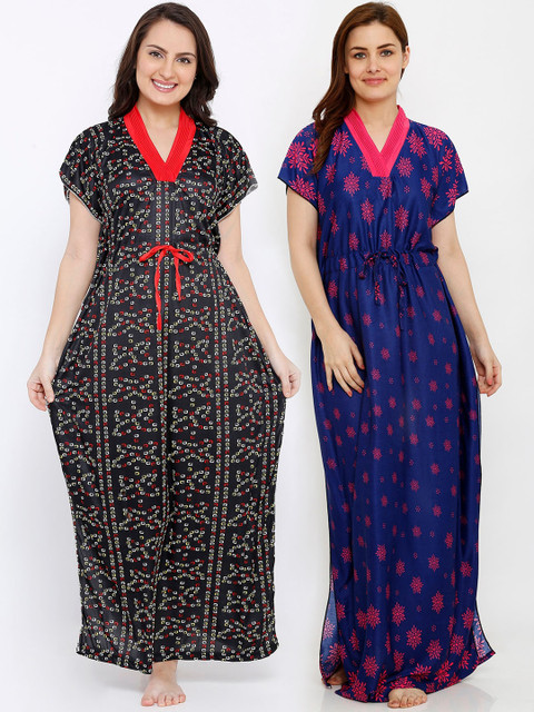 

Pretty Awesome Women Pack Of 2 Printed Kaftan Maxi Nightdress, Black