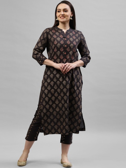 

KASSUALLY Women Charcoal & Gold-Toned Printed Kurta with Trousers
