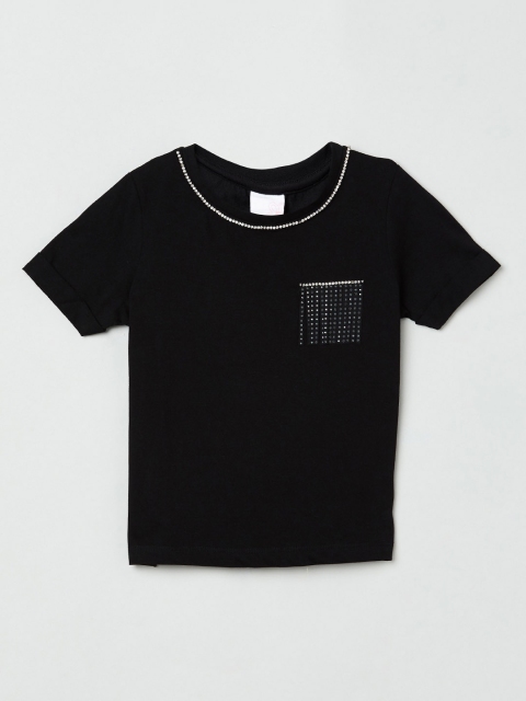 

max Girls Black Solid Round Neck T-shirt