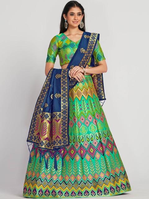 

MIMOSA Women Green & Blue Zari Woven Design Semi-Stitched Lehenga & Unstitched Choli with Dupatta