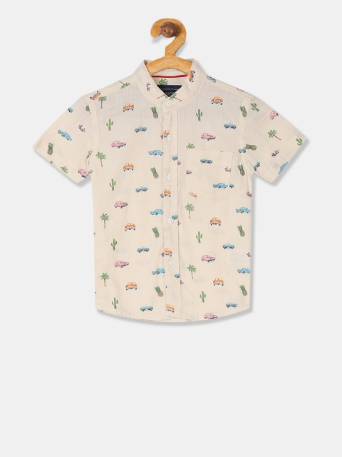 

Cherokee Boys Cream-Coloured Regular Fit Printed Casual Shirt