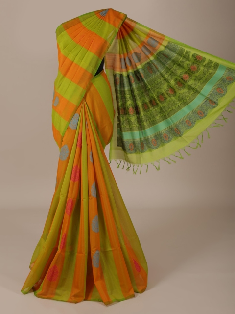 

Pothys Green & Orange Silk Cotton Striped Saree