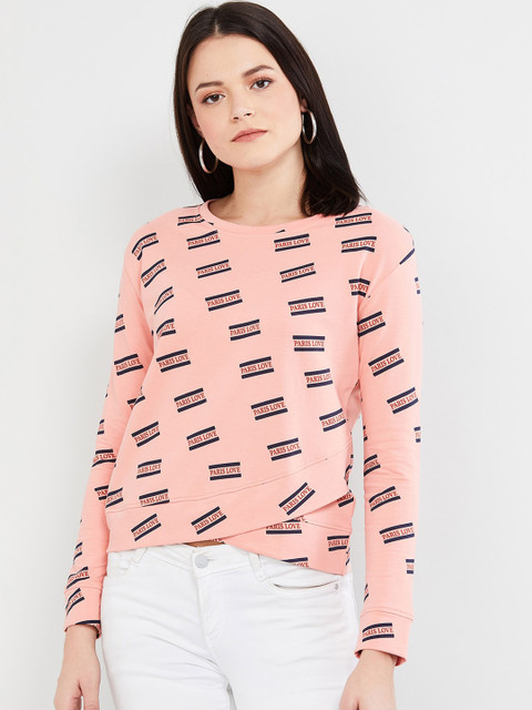 

max Women Peach-Coloured & Navy Blue Printed Sweatshirt