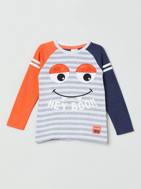 

max Boys Grey & Orange Striped Round Neck T-shirt