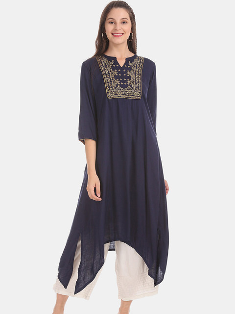 

Anahi Women Navy Blue Embroidered A-Line Kurta