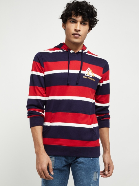 

max Men Red & Navy Blue Striped Hooded Sweatshirt
