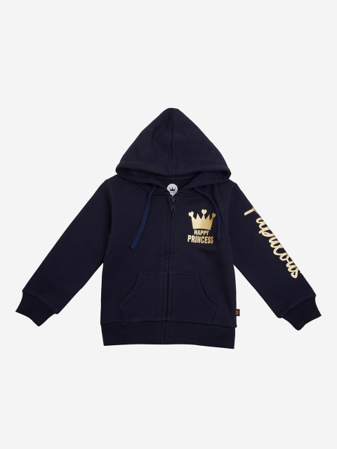 

VITAMINS Girls Navy Blue & Gold-Toned Printed Hooded Sweatshirt