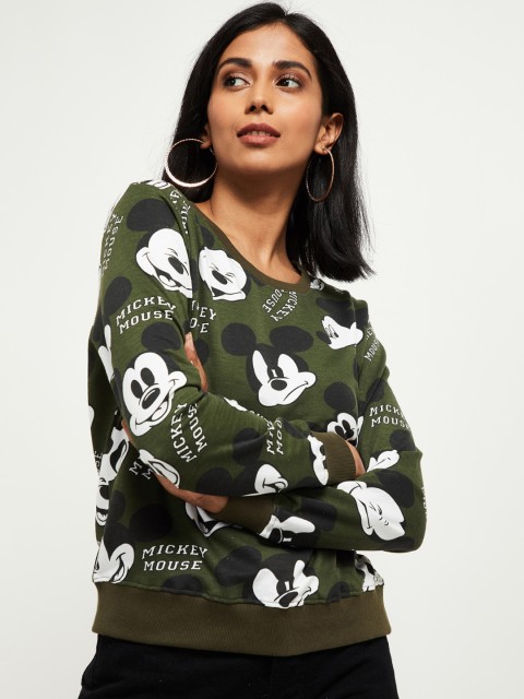 

max Women Olive Green Mickey Mouse Printed Cotton Sweatshirt