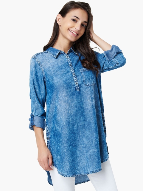 

Fame Forever by Lifestyle Women Blue Printed Shirt Style Pure Cotton Top