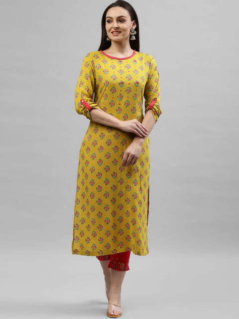 

KASSUALLY Women Mustard & Red Printed Kurta with Trousers
