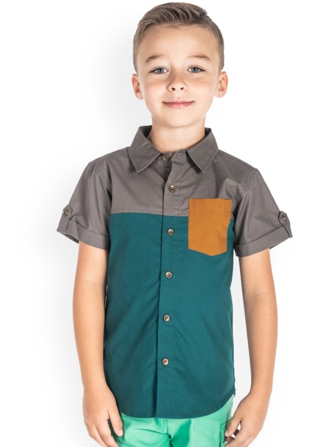 

Cherry Crumble Boys Taupe & Teal Green Regular Fit Colourblocked Casual Shirt