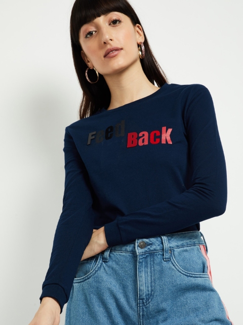 

max Women Navy Blue & Red Printed Pullover Sweatshirt